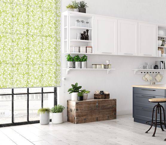 Fresh green design with herbs on roller blind in a kitchen